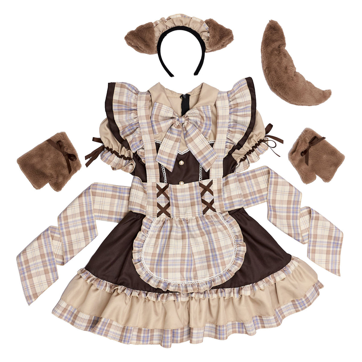 [New] 《JamsCollection着用》コスプレ リリパレ アニマル わんわんチェックメイド レディース フリーサイズ ブラウン【クリアストーン】♡