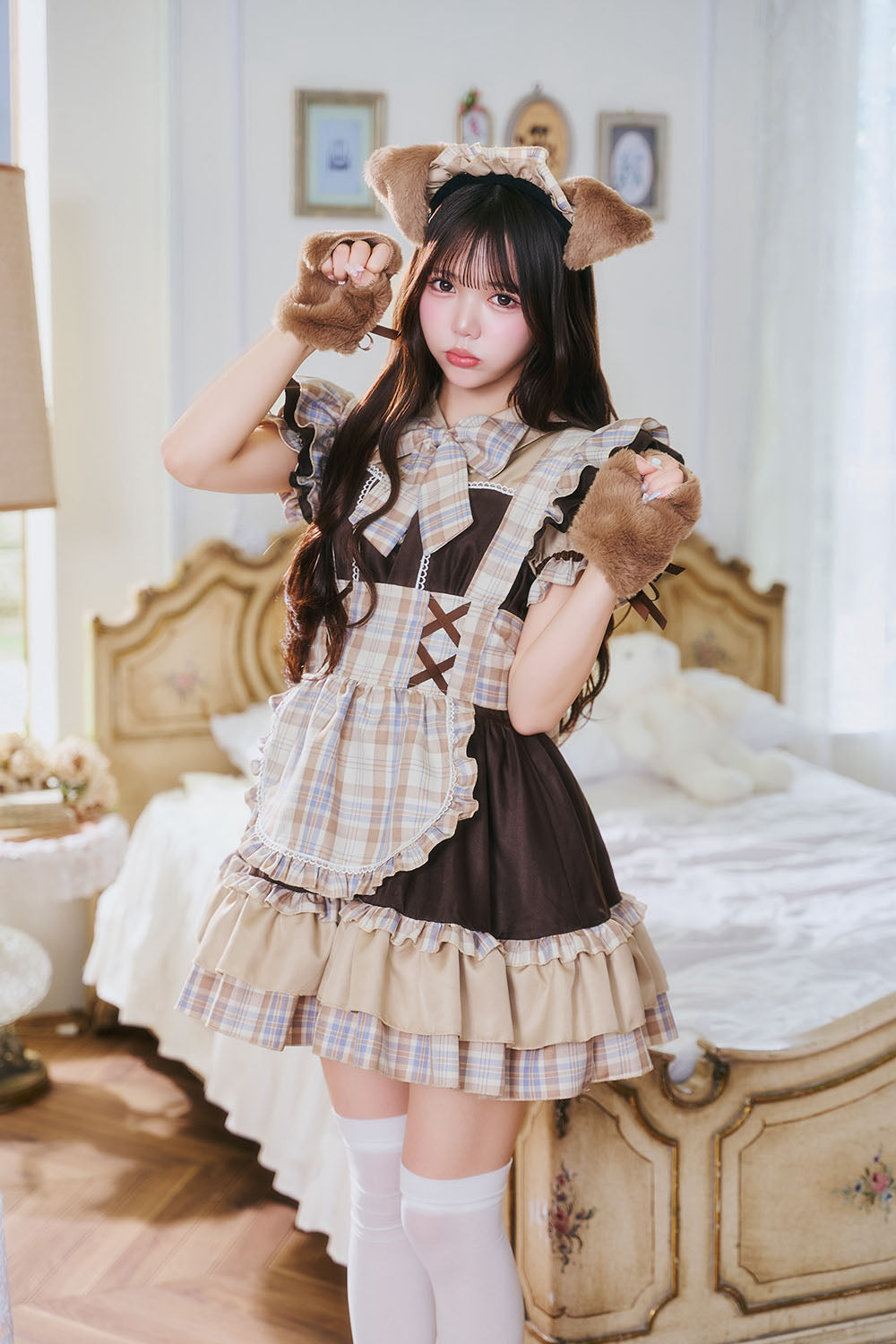 [New] 《JamsCollection着用》コスプレ リリパレ アニマル わんわんチェックメイド レディース フリーサイズ ブラウン【クリアストーン】♡