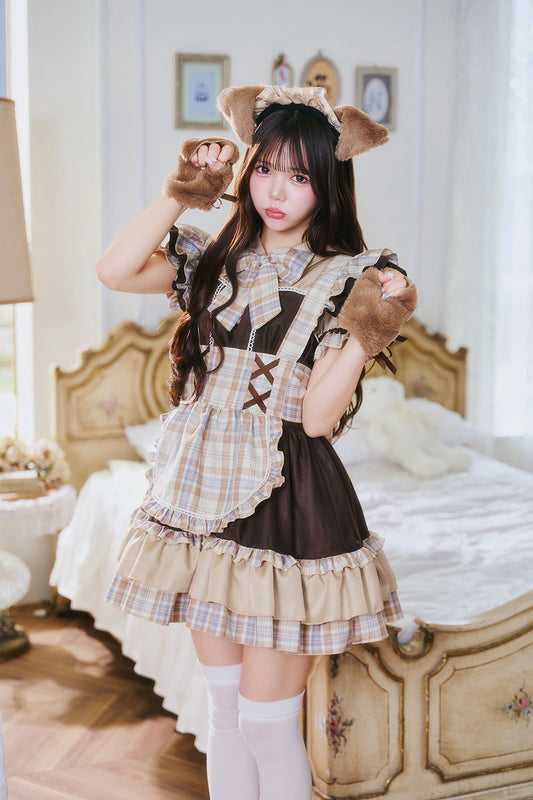 [New] 《JamsCollection着用》コスプレ リリパレ アニマル わんわんチェックメイド レディース フリーサイズ ブラウン【クリアストーン】♡