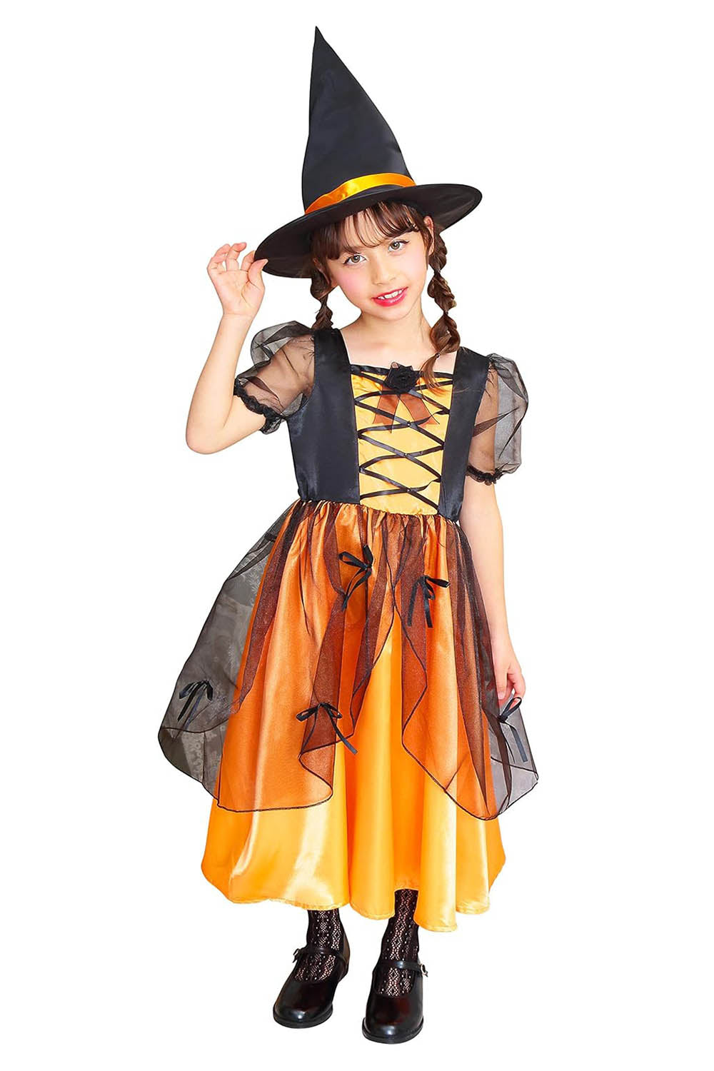 コスプレ キッズ こども 魔女 メロディドレス 120/140 オレンジ/ピンク【クリアストーン】