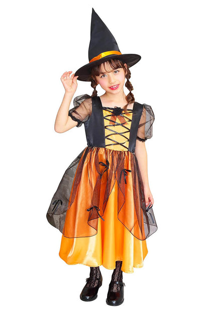 コスプレ キッズ こども 魔女 メロディドレス 120/140 オレンジ/ピンク【クリアストーン】