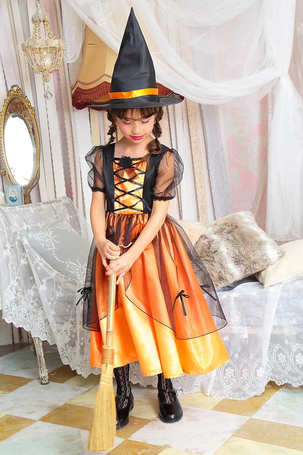 コスプレ キッズ こども 魔女 メロディドレス 120/140 オレンジ/ピンク【クリアストーン】