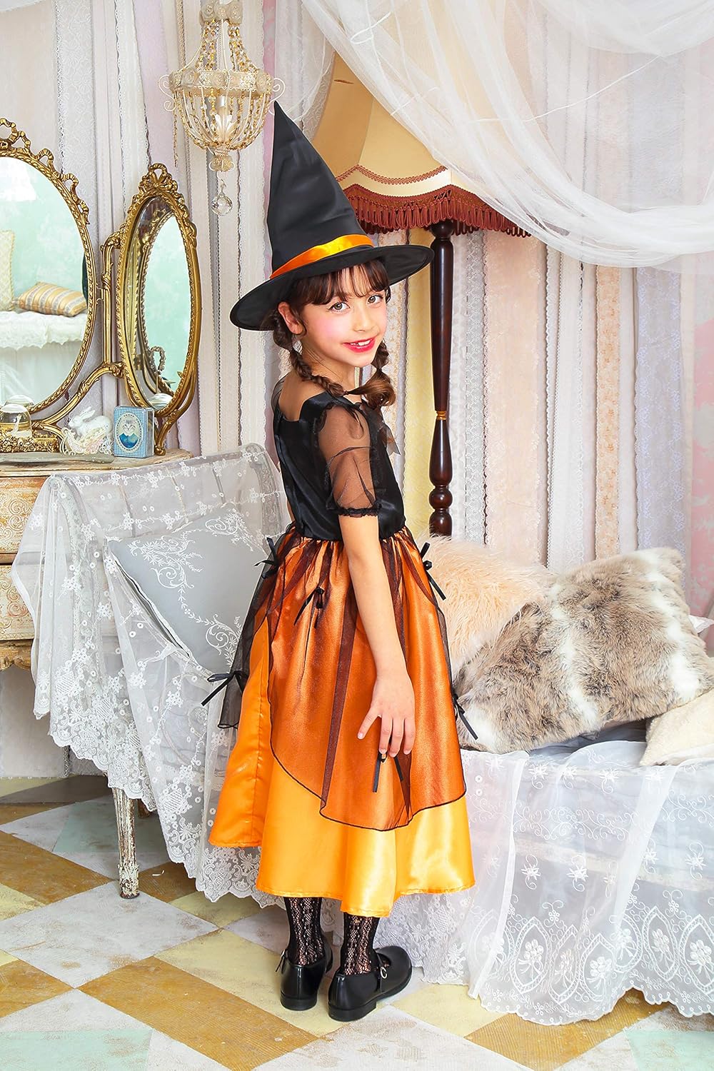 コスプレ キッズ こども 魔女 メロディドレス 120/140 オレンジ/ピンク【クリアストーン】