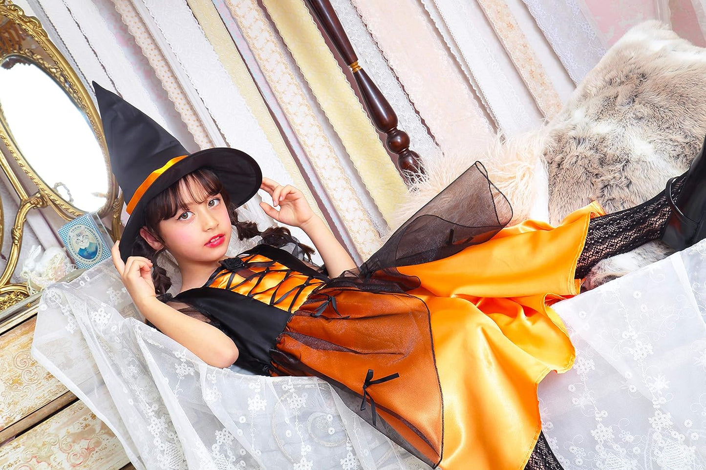 コスプレ キッズ こども 魔女 メロディドレス 120/140 オレンジ/ピンク【クリアストーン】