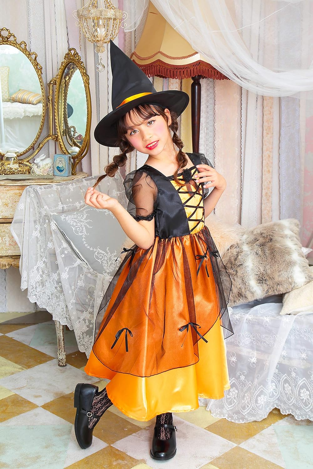 コスプレ キッズ こども 魔女 メロディドレス 120/140 オレンジ/ピンク【クリアストーン】