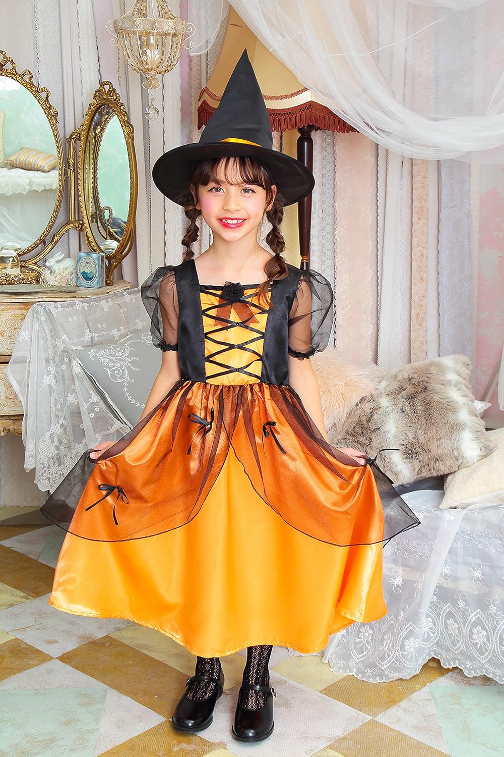 コスプレ キッズ こども 魔女 メロディドレス 120/140 オレンジ/ピンク【クリアストーン】