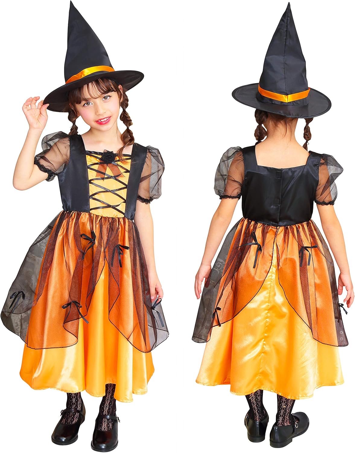 コスプレ キッズ こども 魔女 メロディドレス 120/140 オレンジ/ピンク【クリアストーン】