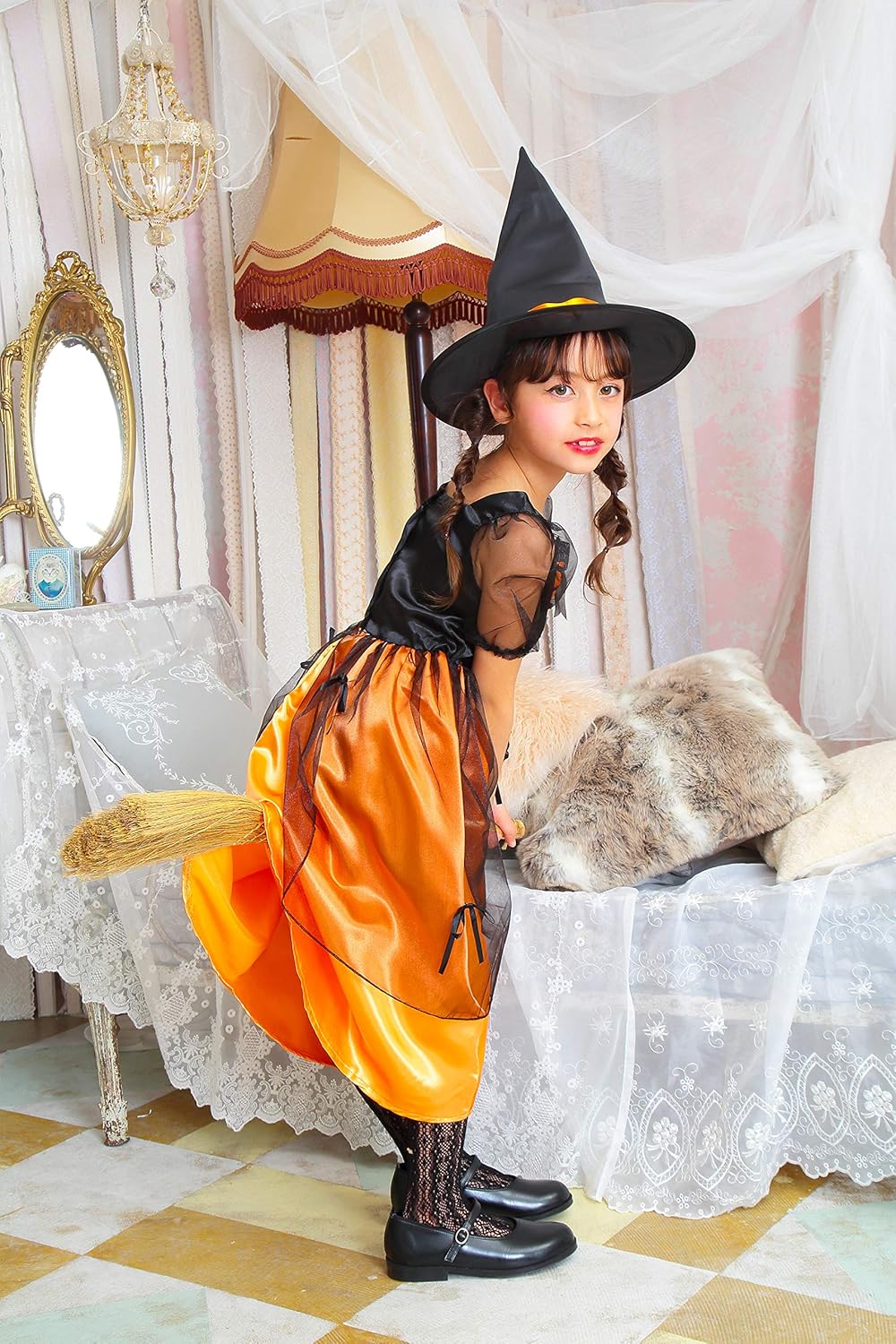 コスプレ キッズ こども 魔女 メロディドレス 120/140 オレンジ/ピンク【クリアストーン】
