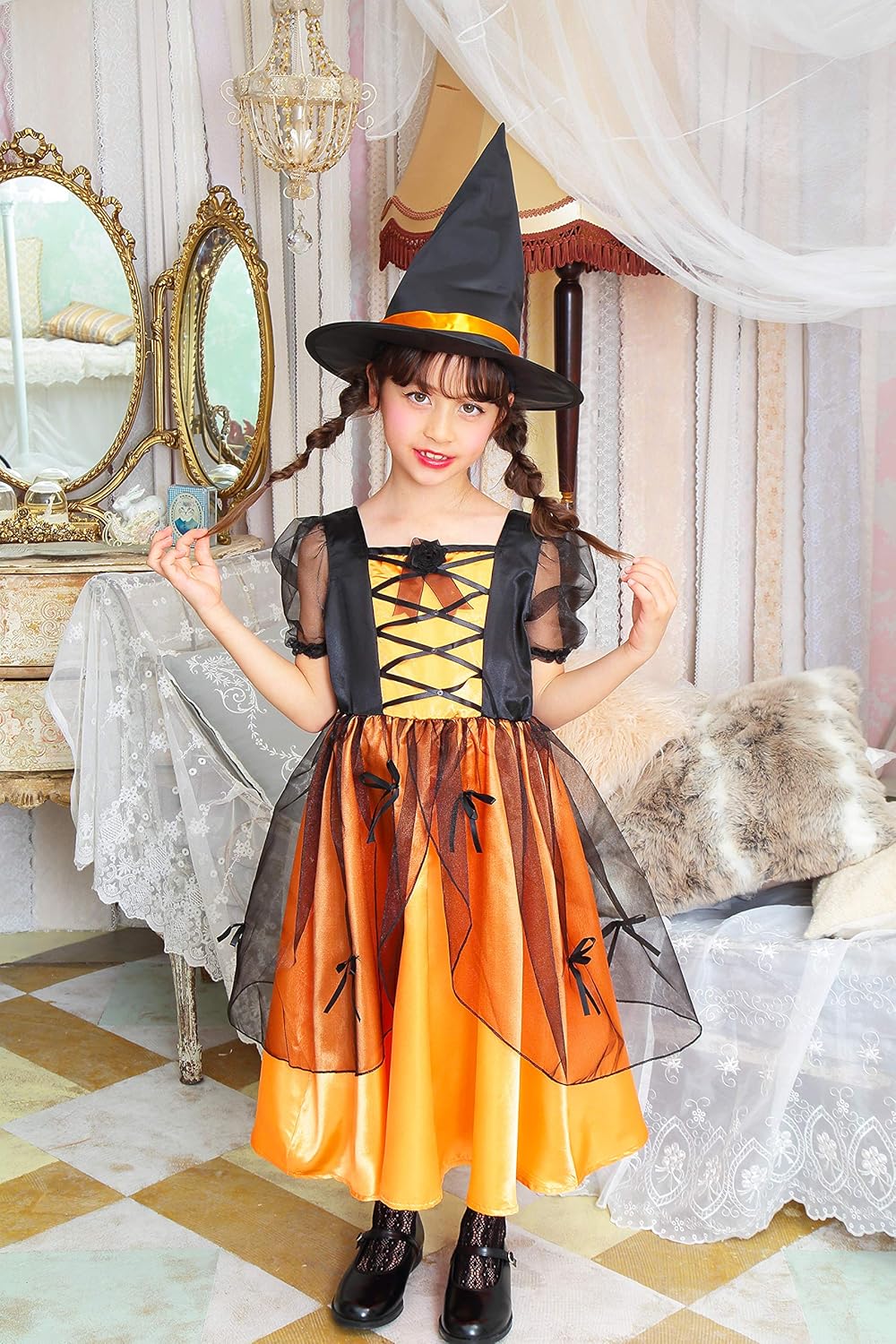 コスプレ キッズ こども 魔女 メロディドレス 120/140 オレンジ/ピンク【クリアストーン】