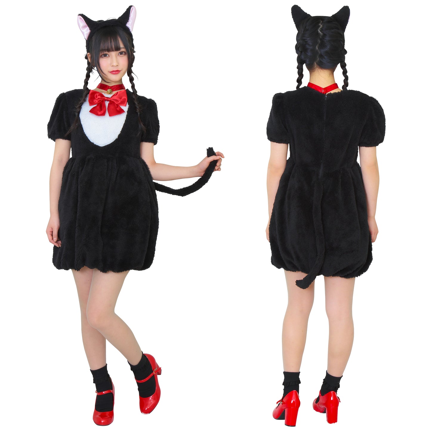 コスプレ ねこ ふわもこアニマル ブラックキャット/リボンキャット レディース フリーサイズ  ブラック/ホワイト【クリアストーン】