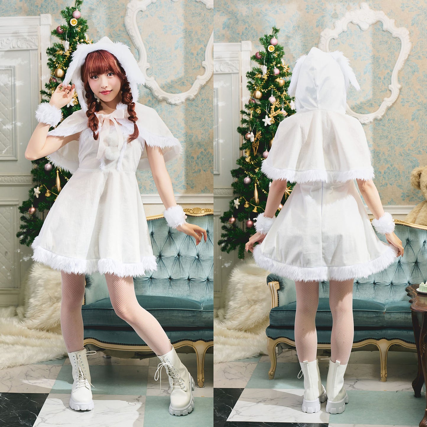 コスプレ クリスマス サンタ ミミノエル うさぎケープサンタ レディース S/M/2L レッド/ホワイト【クリアストーン】