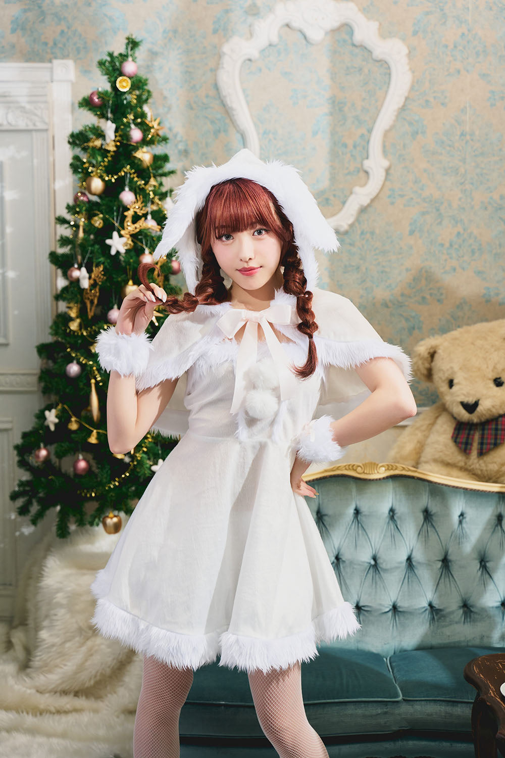コスプレ クリスマス サンタ ミミノエル うさぎケープサンタ レディース S/M/2L レッド/ホワイト【クリアストーン】
