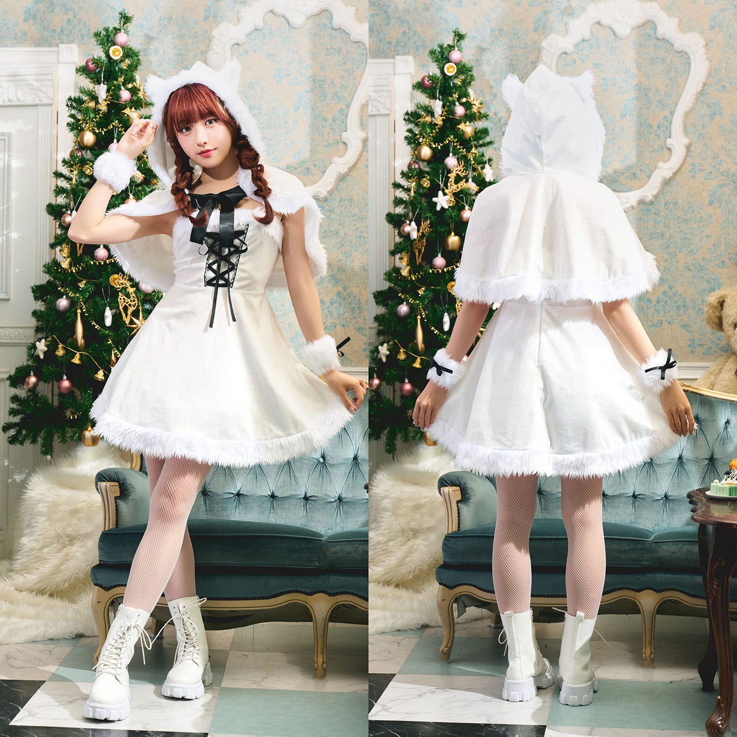 コスプレ クリスマス サンタ ミミノエル ねこケープサンタ レディース S/M/2L レッド/ブラック/ホワイト【クリアストーン】♡