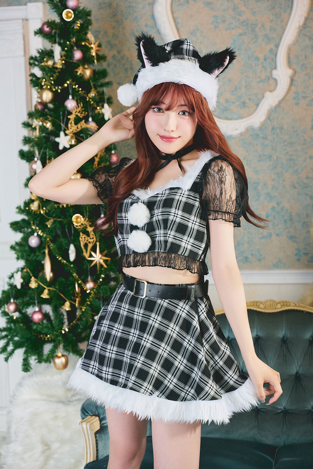 コスプレ クリスマス サンタ ミミノエル キティチェックサンタ レディース S/M/2L レッド/ブラック【クリアストーン】