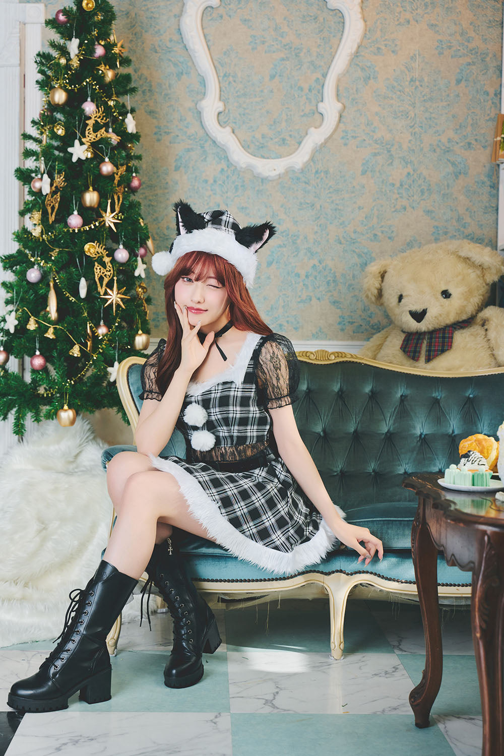 コスプレ クリスマス サンタ ミミノエル キティチェックサンタ レディース S/M/2L レッド/ブラック【クリアストーン】