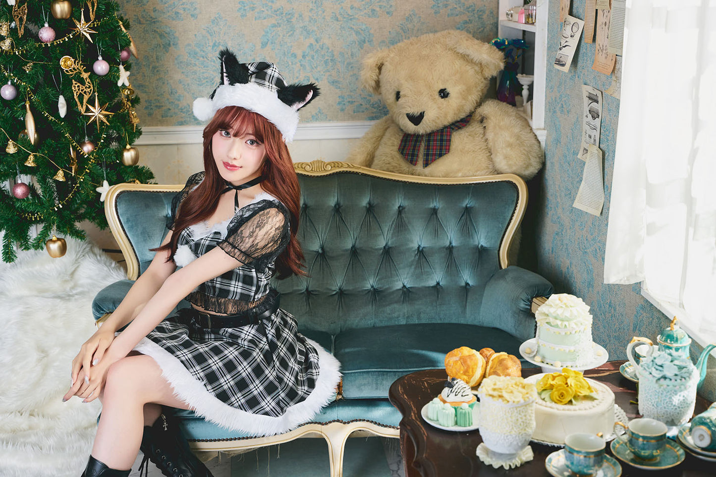 コスプレ クリスマス サンタ ミミノエル キティチェックサンタ レディース S/M/2L レッド/ブラック【クリアストーン】