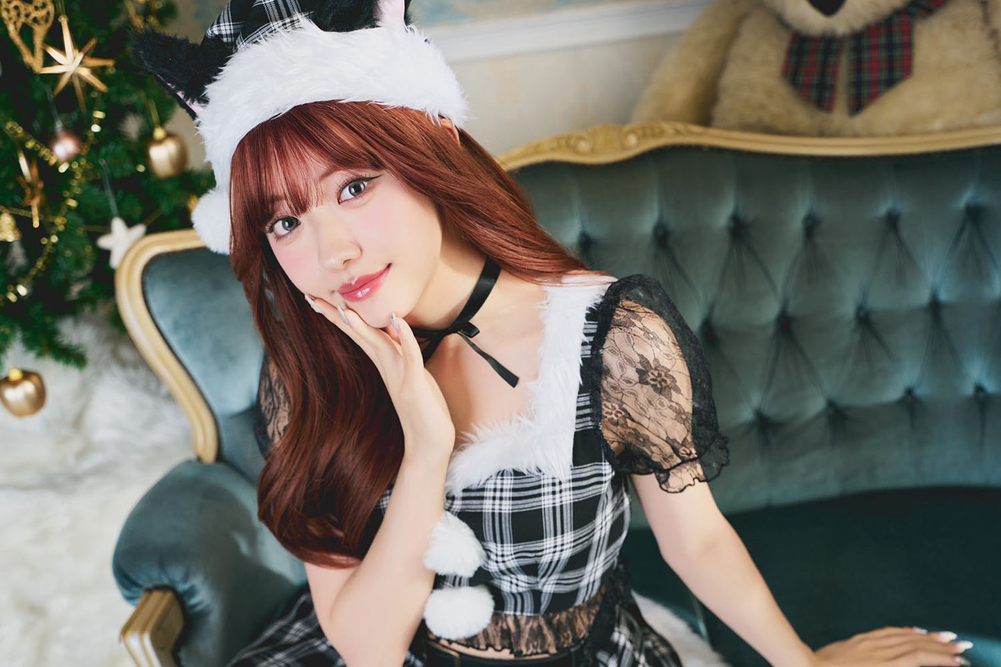 コスプレ クリスマス サンタ ミミノエル キティチェックサンタ レディース S/M/2L レッド/ブラック【クリアストーン】