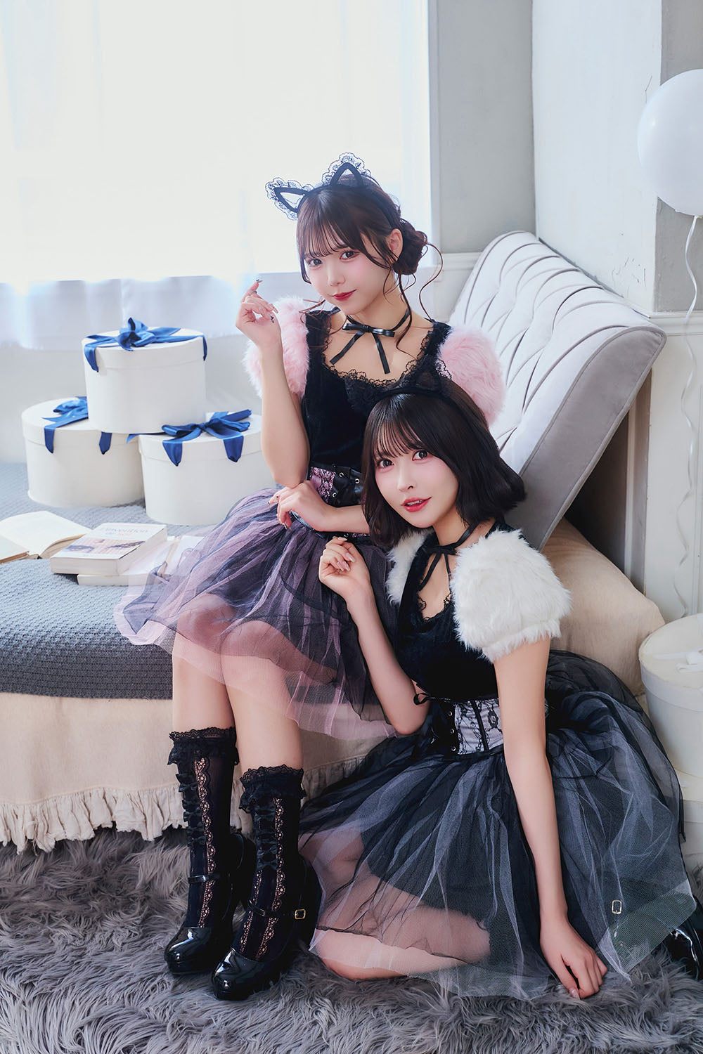 《JamsCollection着用》コスプレ ねこ コケティッシュガーリー ストロベリーキャット/バニラキャット レディース S M L ピンク/ホワイト【クリアストーン】