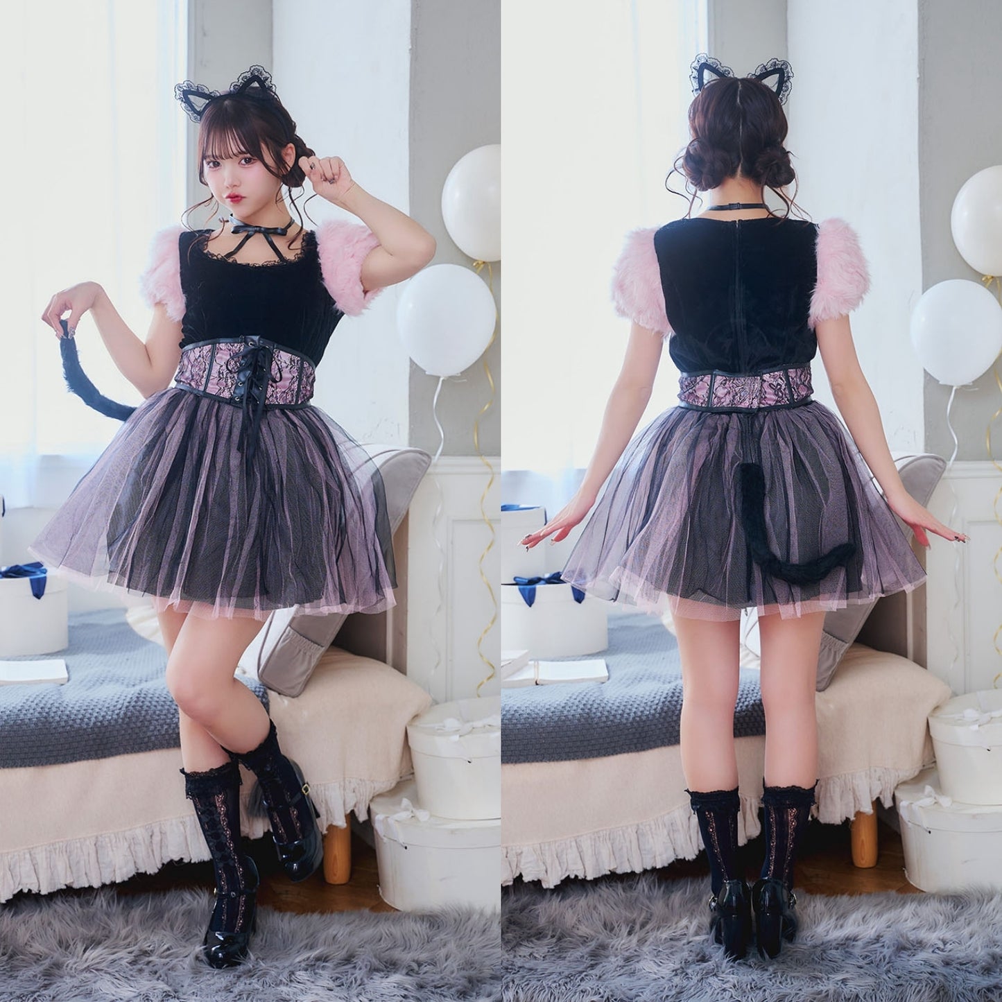 《JamsCollection着用》コスプレ ねこ コケティッシュガーリー ストロベリーキャット/バニラキャット レディース S M L ピンク/ホワイト【クリアストーン】