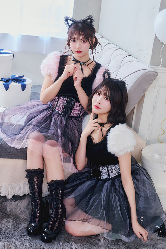 《JamsCollection着用》コスプレ ねこ コケティッシュガーリー ストロベリーキャット/バニラキャット レディース S M L ピンク/ホワイト【クリアストーン】