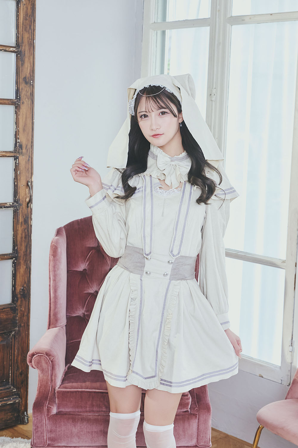 《JamsCollection・村望しおんちゃん着用》コスプレ ハロウィン ねこ シスター ダスティコンフィ ネコシスター レディース フリーサイズ アイボリー【クリアストーン】