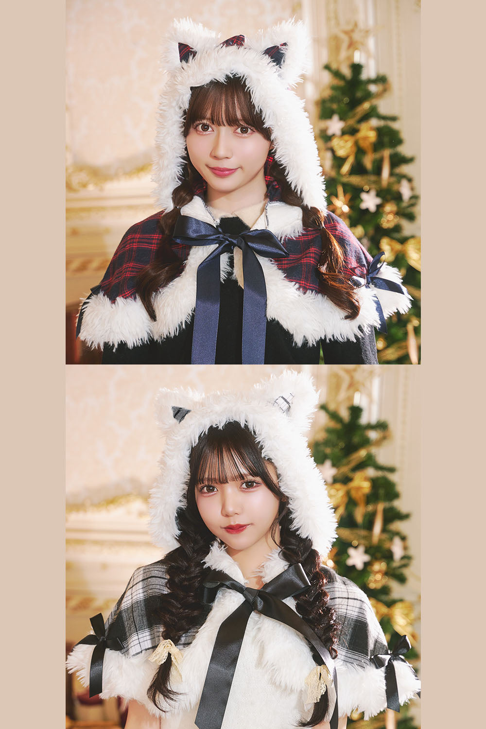 [NEW] コスプレ クリスマス 赤/黒チェックキャットケープ レディース レッド/ブラック 【クリアストーン】