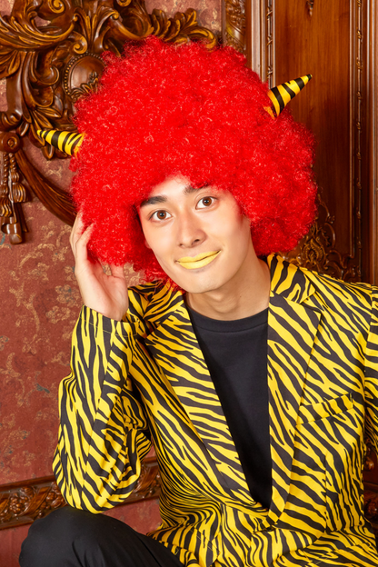 コスプレ 節分 鬼 カツラ アフロ 角付きハイパーアフロ ブラック/ブルー/レッド 【クリアストーン】